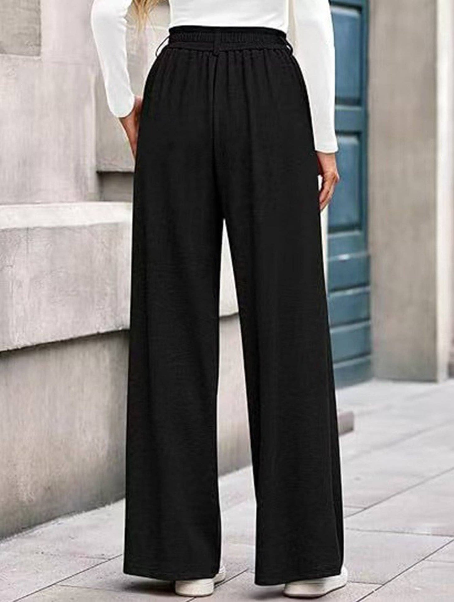 (S) Versatile solid color straight wide-leg pants: Black / (S) 1
