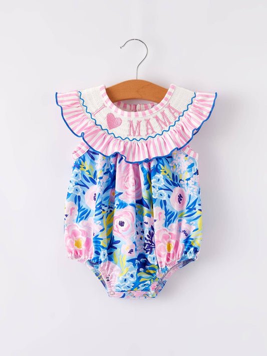 6M  “I ❤ MAMA”Embroidery Smocking Baby Girls Romper: 6M