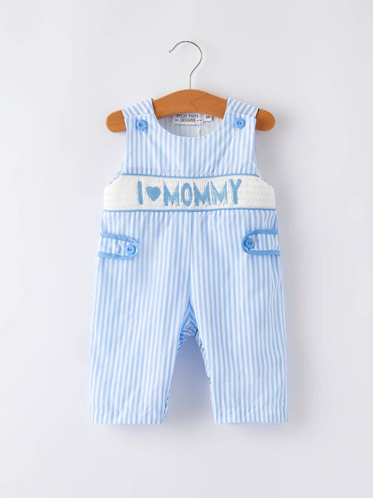 12M - “I ❤ MOMMY”Embroidery Smocking Striped Baby Boys Romper