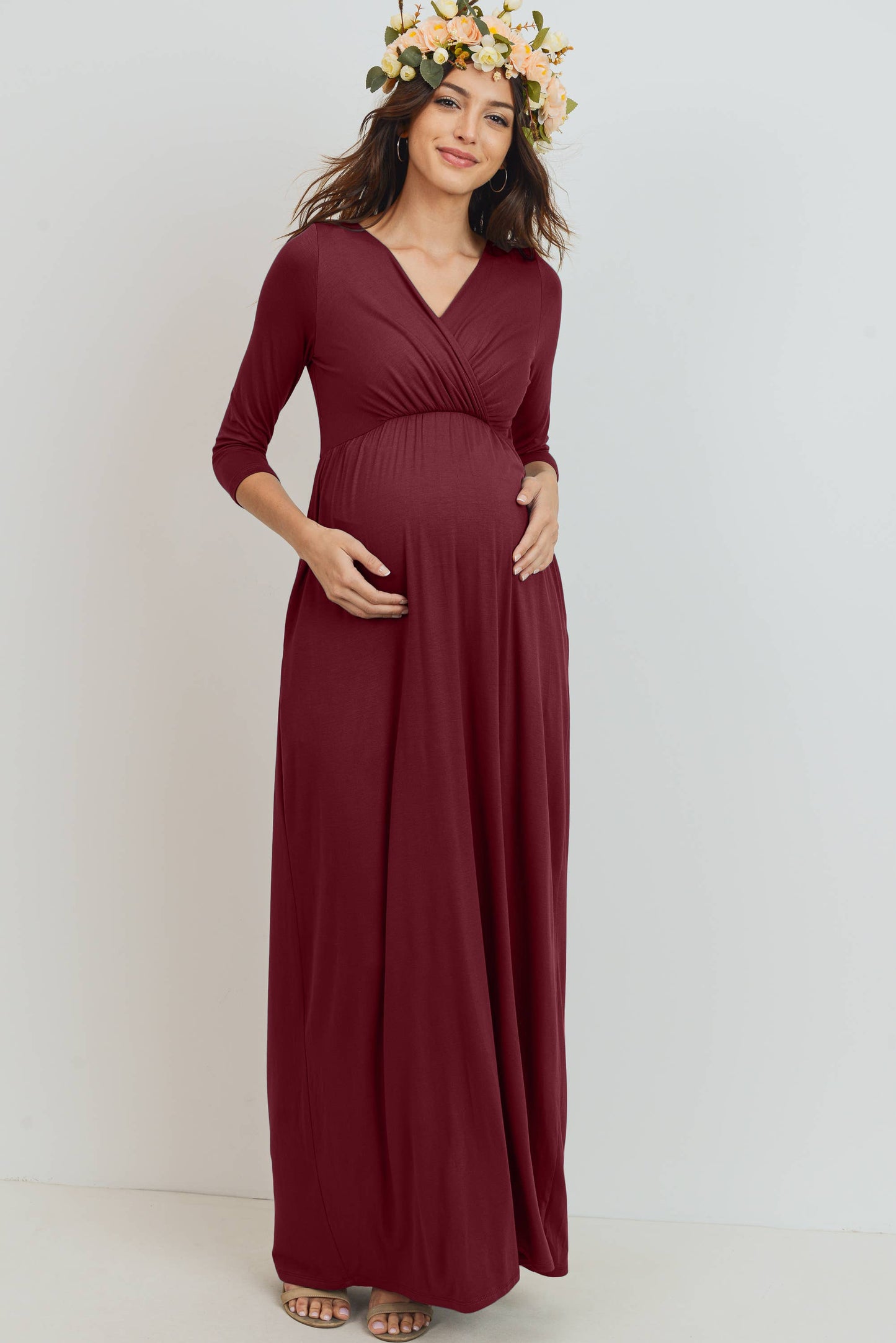 Navy / L: Surplice Quarter Sleeve Nursing Maxi Dress