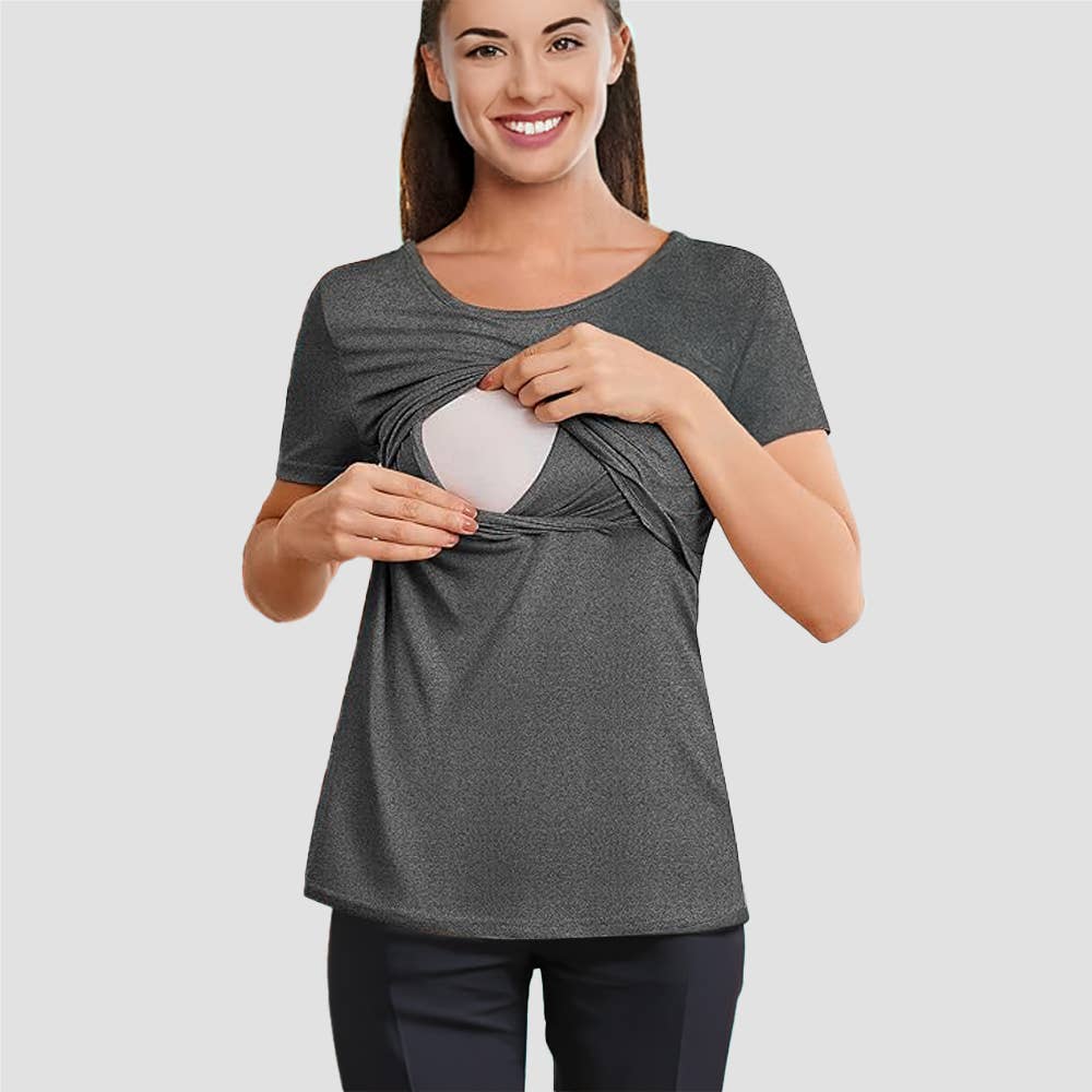 Black Heather / Large: Maternity Nursing Top Breastfeeding Shirt - OPEN SIZING