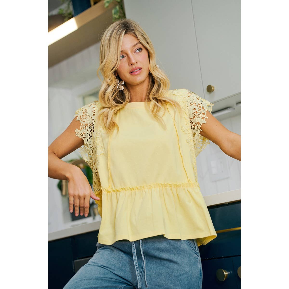SOLID JERSEY TIERED TOP WITH LACE SLEEVE