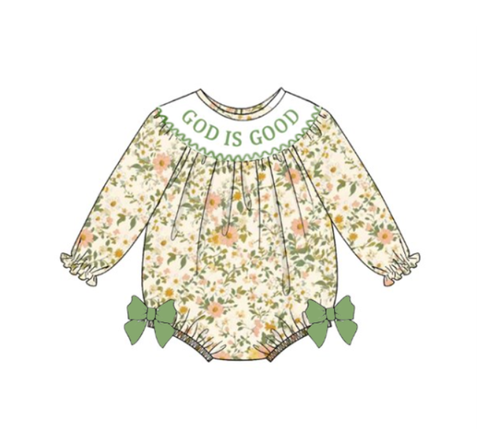 Baby Girls Fall "GOD IS GOOD" Smocked Embroidery Floral Romper: 6-12M
