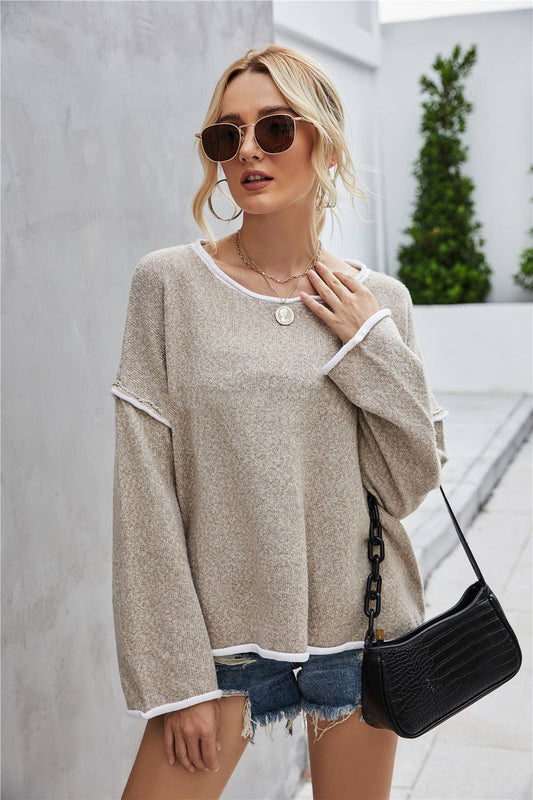 XL / CWOSWL1043_Casual Crew Neck Pullover Long Sleeve Sweater: KHAKI  1