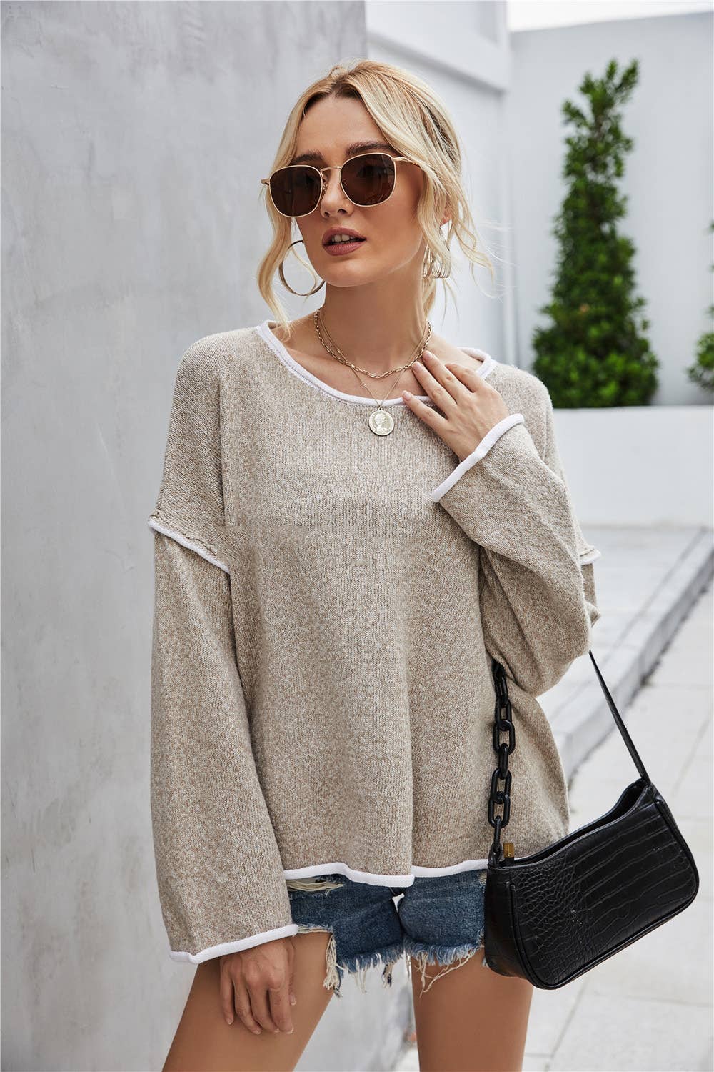 CWOSWL1043_Casual Crew Neck Pullover Long Sleeve Sweater: KHAKI / (S) 1