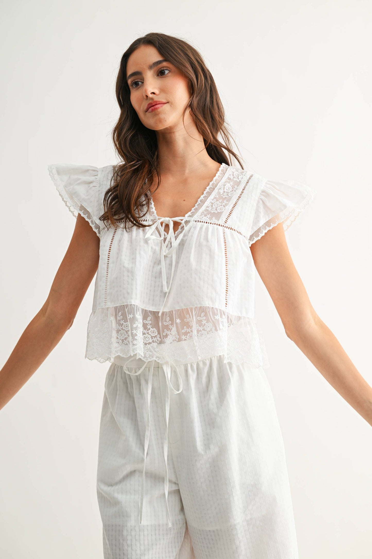 LACE-TRIMMED BLOUSE: SAND