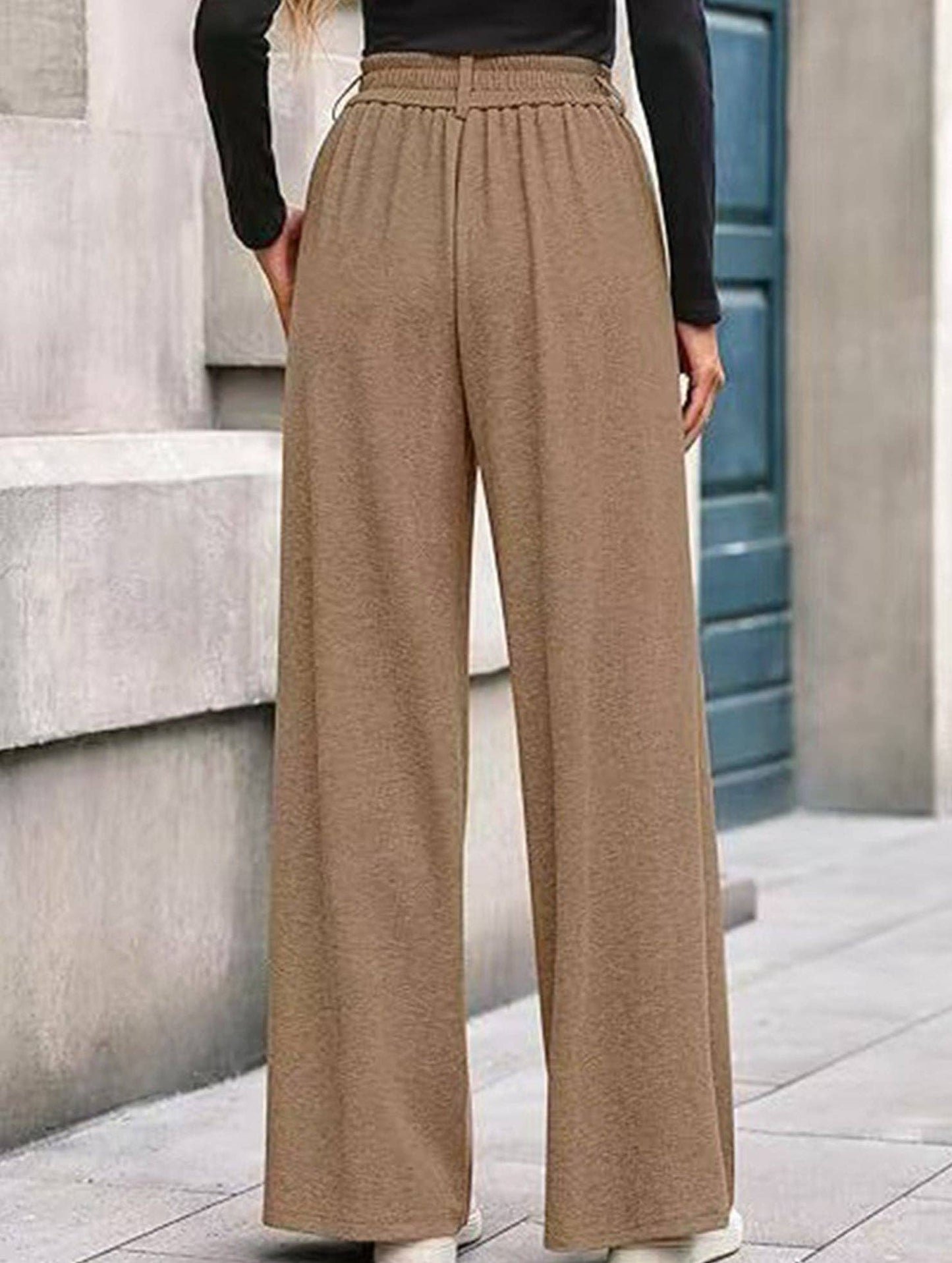 (L) Versatile solid color straight wide-leg pants: Black / (L) 1