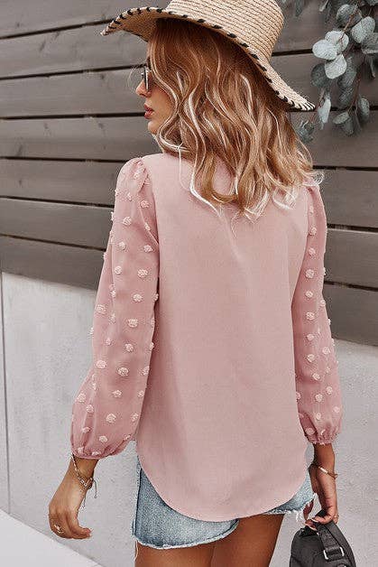 Solid V Neck Lantern Sleeve Swiss Dot Shirt: WHITE / M