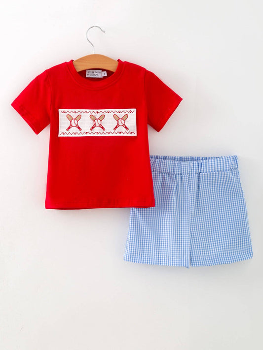 2T Toddler Boys Red Baseball Smocked Tee and Blue Plaid Shorts Set