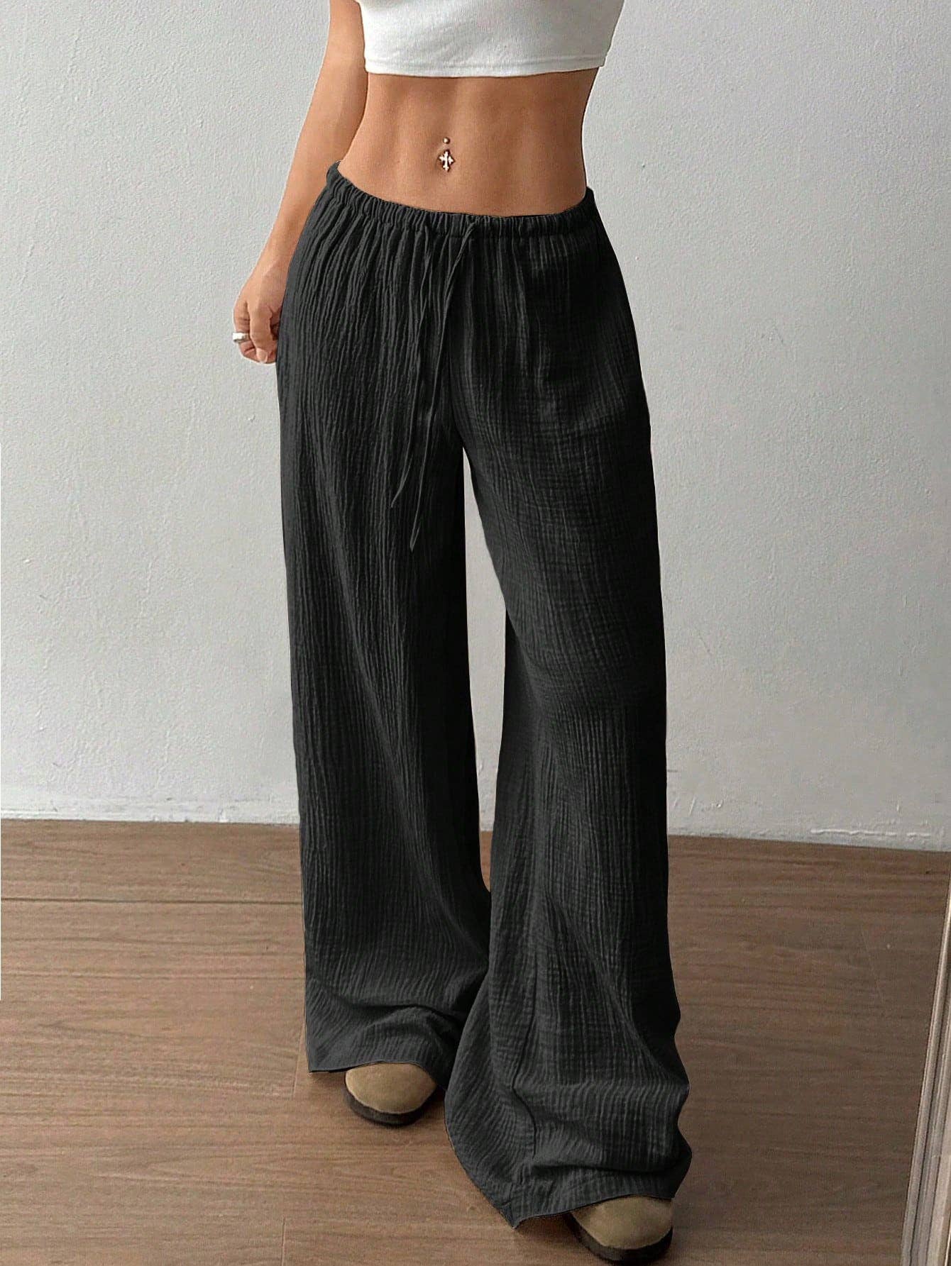 (S) Pure cotton pure color easy wide-legged pants: WHITE / (S) 1