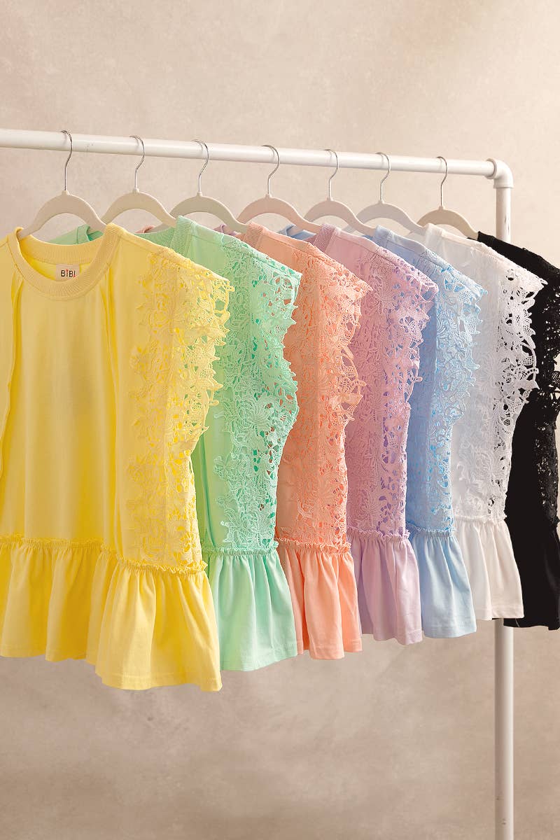 SOLID JERSEY TIERED TOP WITH LACE SLEEVE