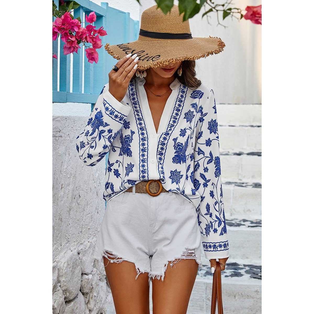 Floral Print Notched Collar V Neck Shirt: WHITE / XL