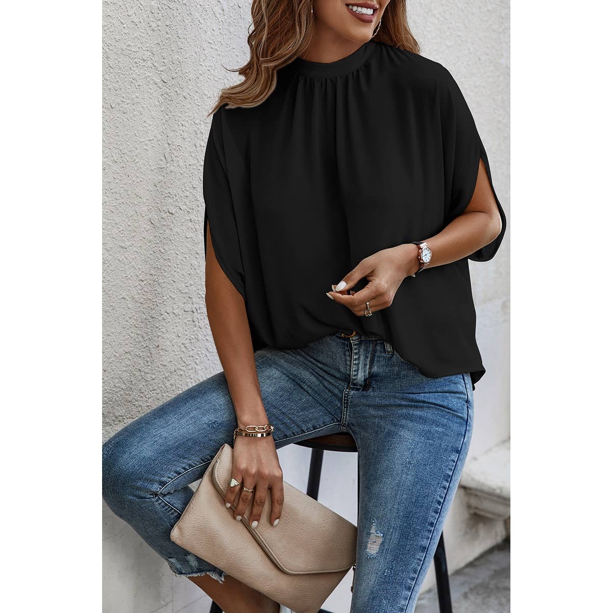 Solid Cape Short Sleeve Loose Top: NAVY / XL