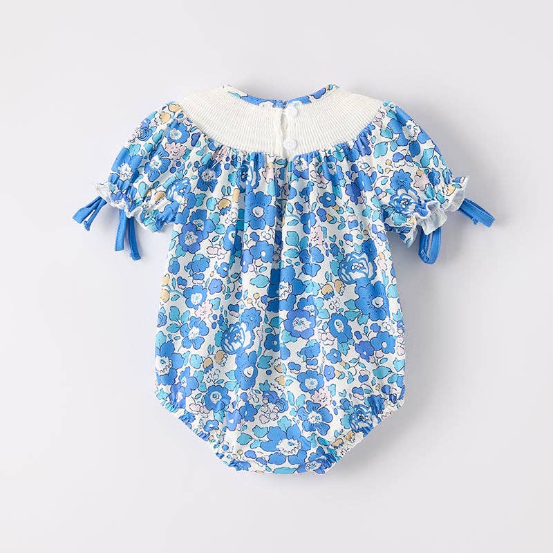 Baby Girls "JESUS LOVES ME" Blue Floral Smocked Embroidery Romper: 6-12M
