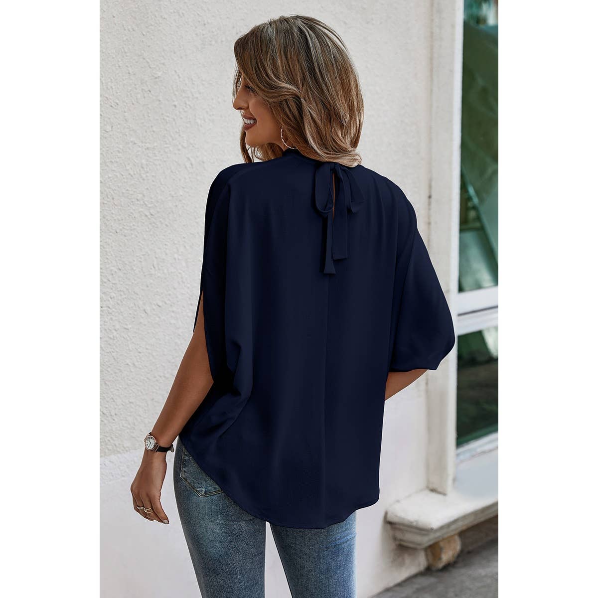 Solid Cape Short Sleeve Loose Top: NAVY / L