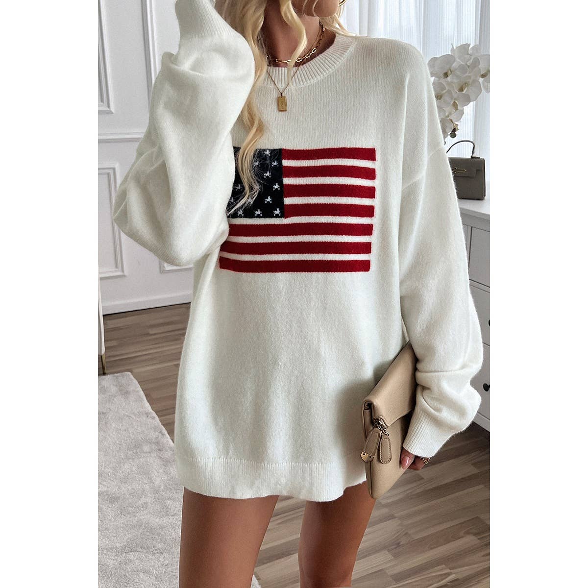 BEIGE XL - Knit Round Neck Flag Print Loose Fit Sweater