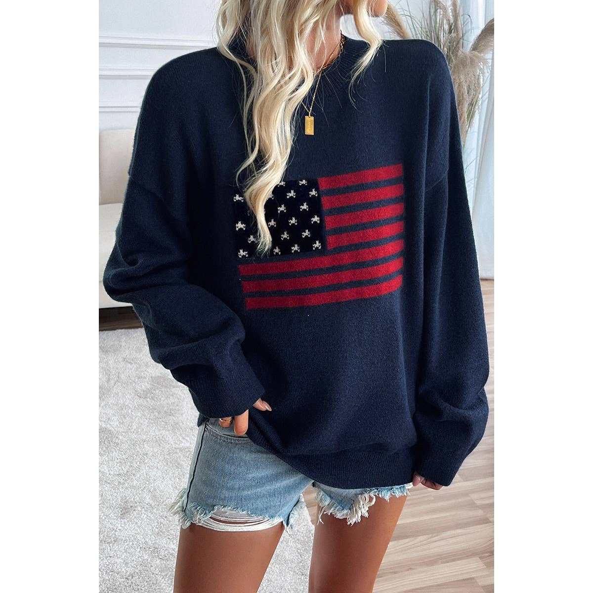 NAVY L - Knit Round Neck Flag Print Loose Fit Sweater
