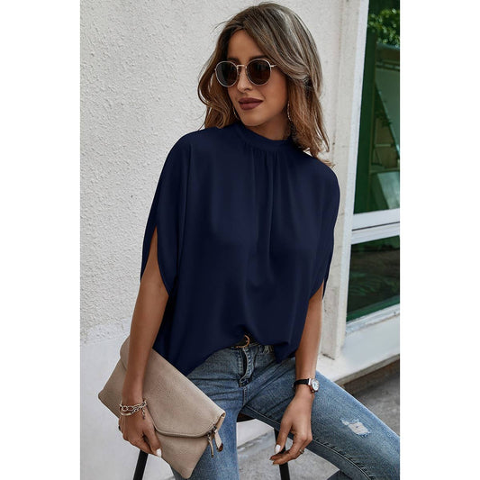 Solid Cape Short Sleeve Loose Top: NAVY / S