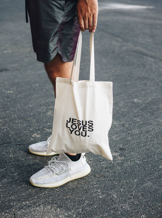 Jesus Loves You Premium Canvas Tote Bag: Tan
