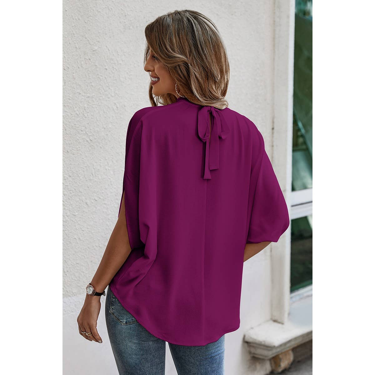 Solid Cape Short Sleeve Loose Top: NAVY / M