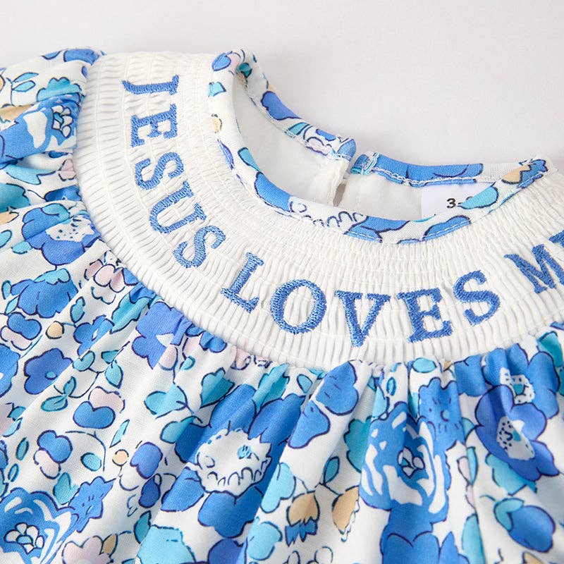 Baby Girls "JESUS LOVES ME" Blue Floral Smocked Embroidery Romper: 6-12M