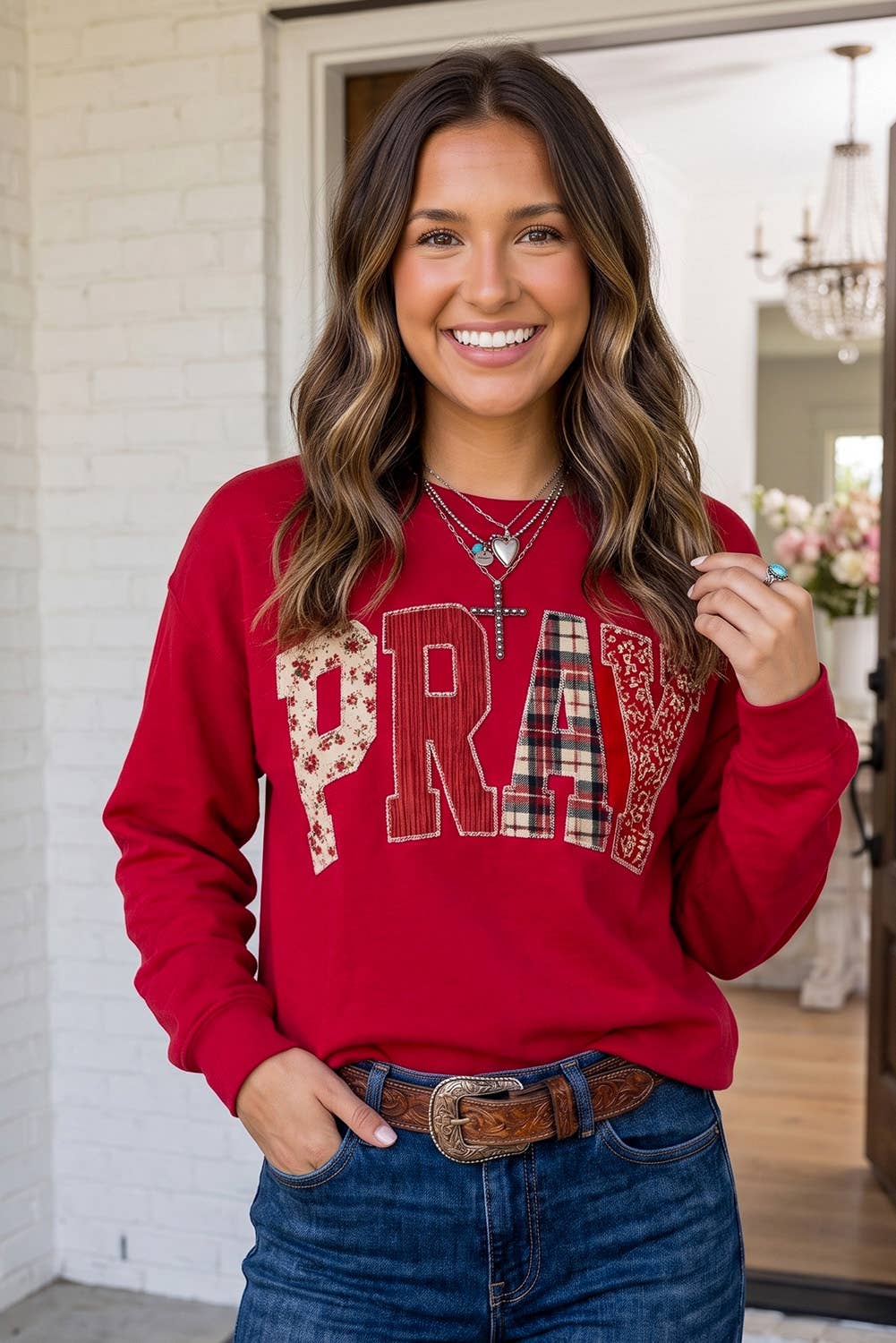LAS Western PRAY Plaid Letter Patchwork Sweatshirt