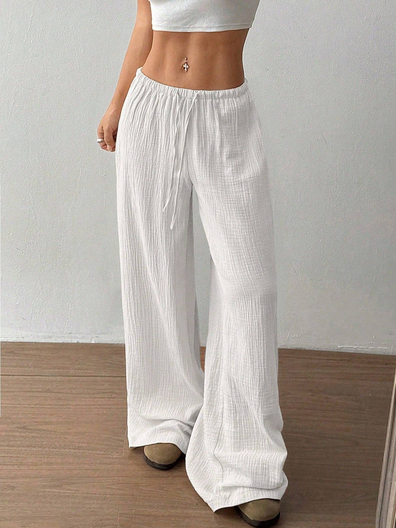 (S) Pure cotton pure color easy wide-legged pants: WHITE / (S) 1