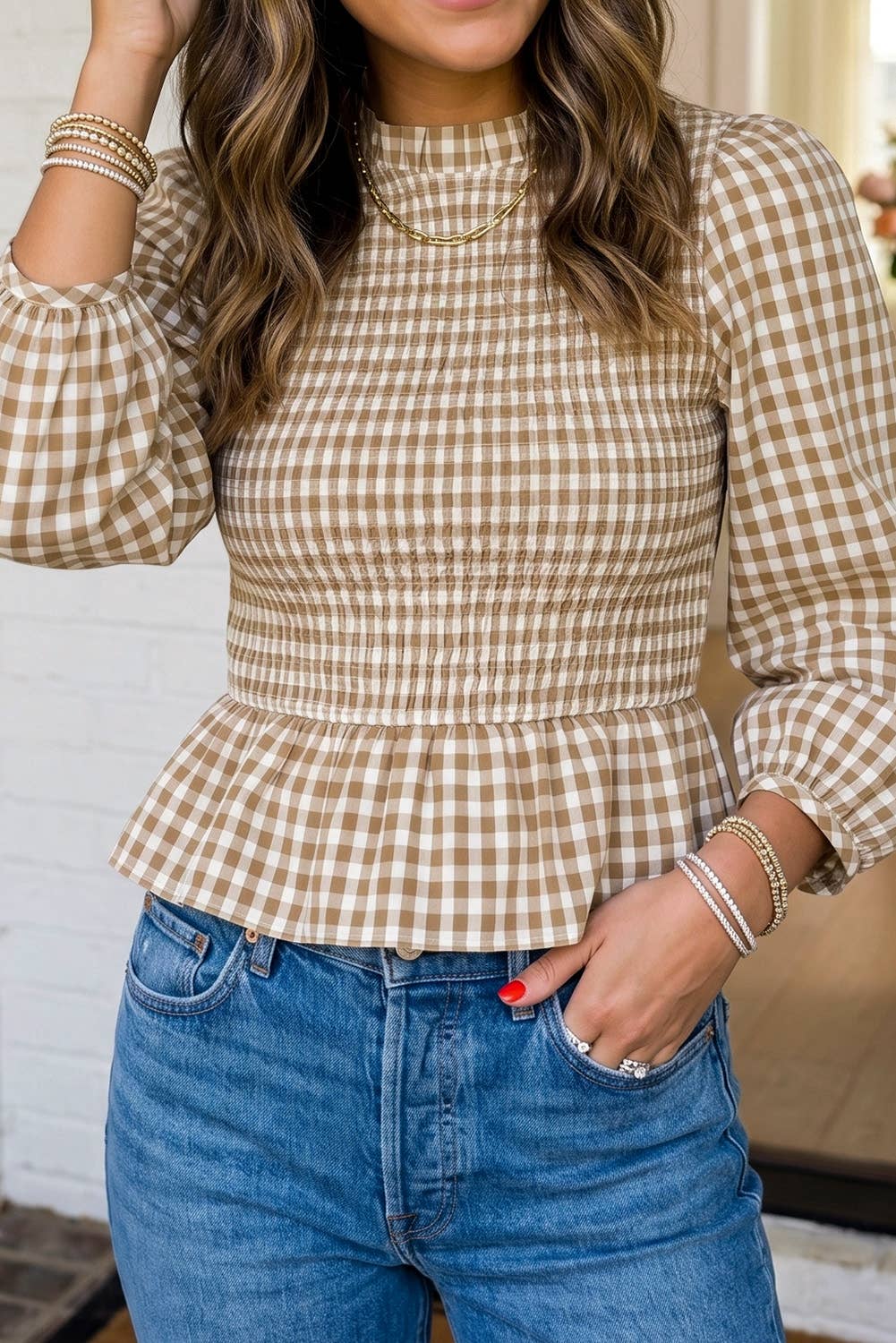 Plaid Smocked Bubble Sleeve Casual Blouse