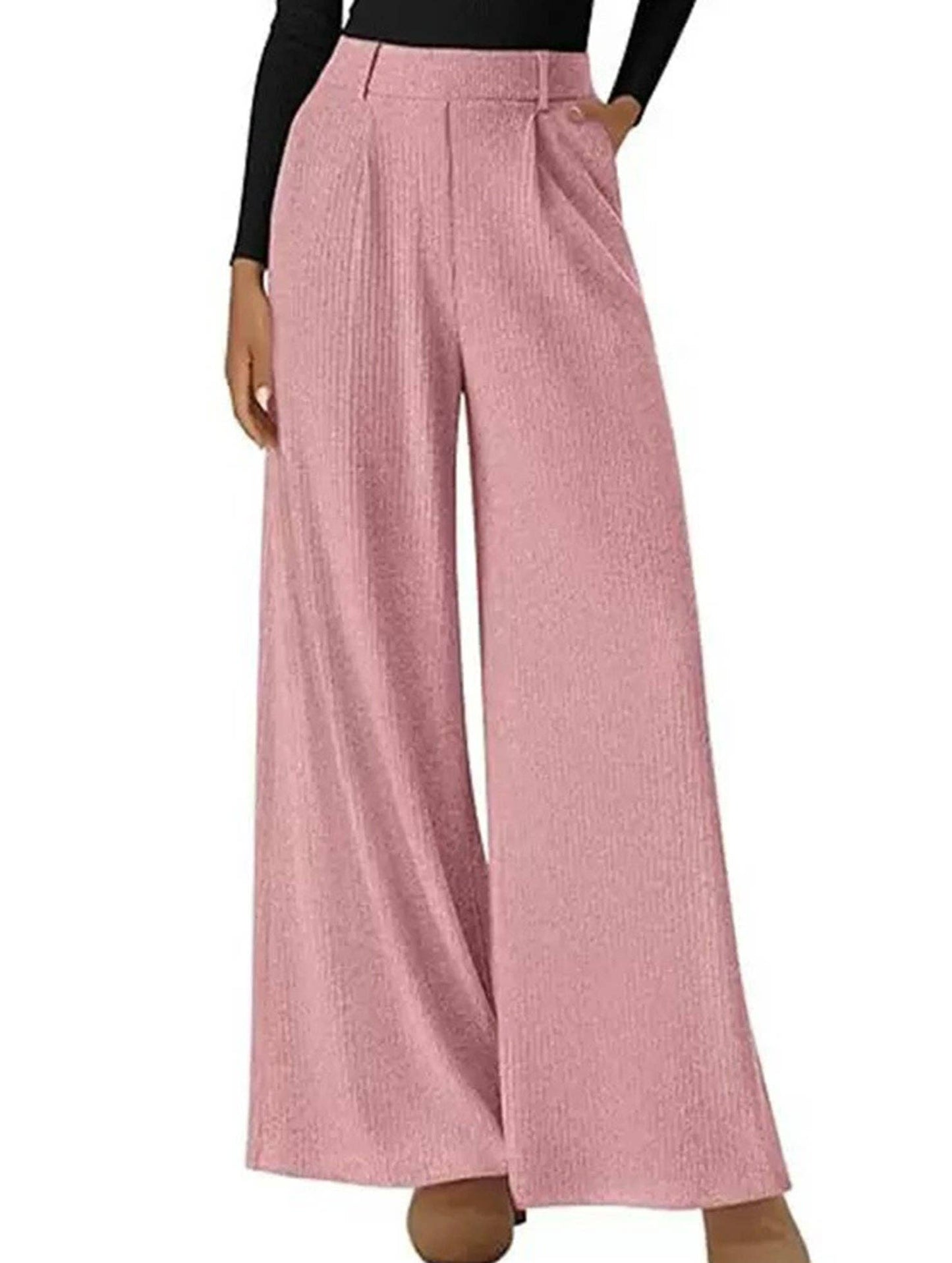 (XL) Versatile solid color straight wide-leg pants: Black / (XL) 1