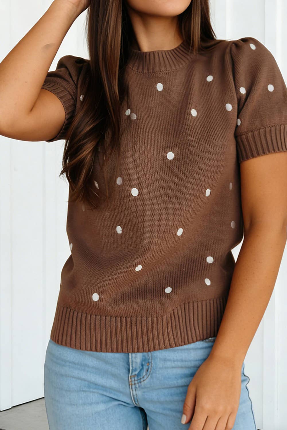 LAS Elegant Polka Dot Bubble Short Sleeve Sweater
