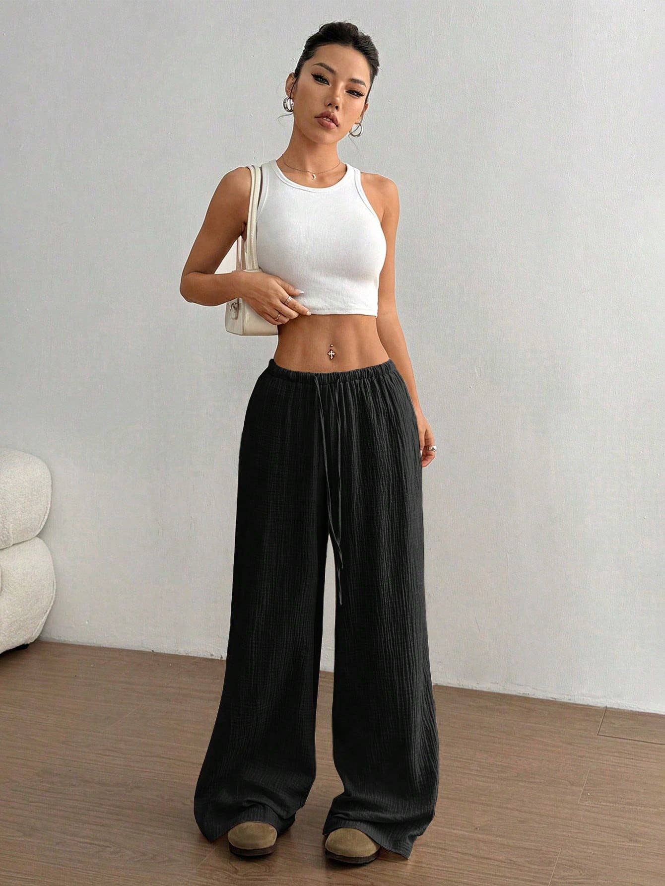 (M) Pure cotton pure color easy wide-legged pants: WHITE / (M) 1