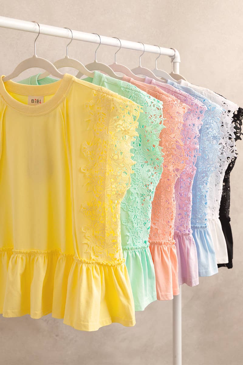 SOLID JERSEY TIERED TOP WITH LACE SLEEVE