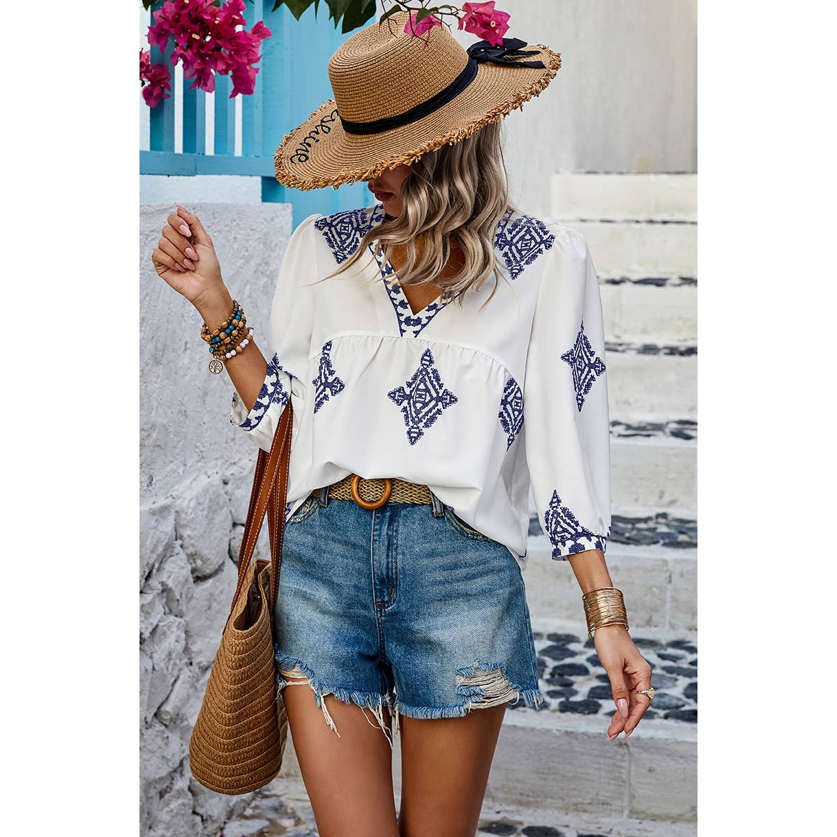 (S)Printed T Shirt V Neck Loose Puff Sleeves Shirts: WHITE / S