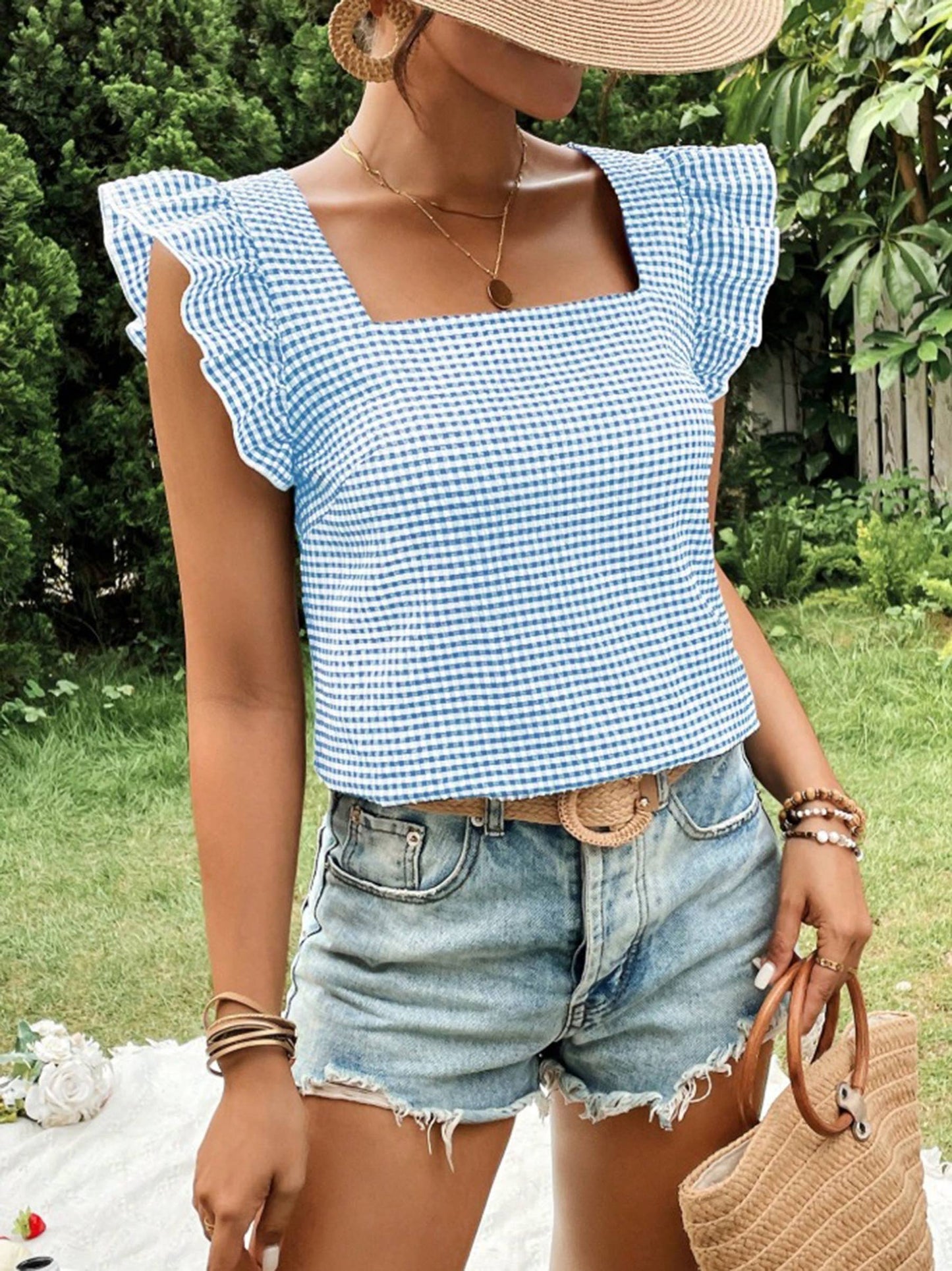 Checkered Square Collar Ruffled Shirt Top