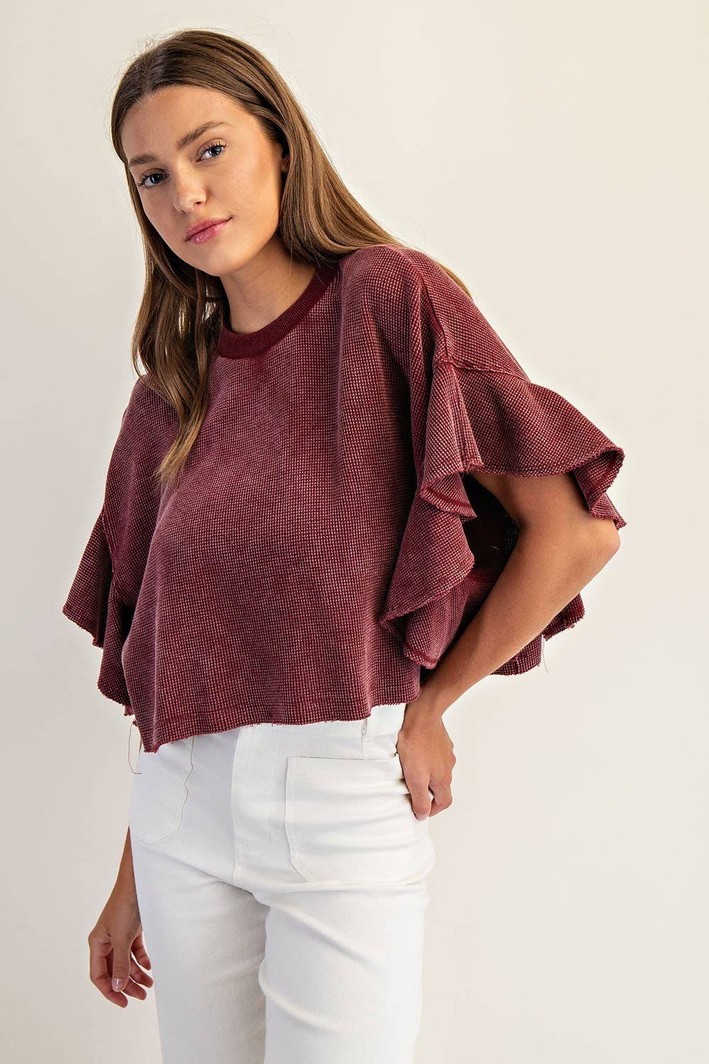 PL8297 - WAFFLE KNIT TIERED FLUTTER SLEEVE CROP TOP