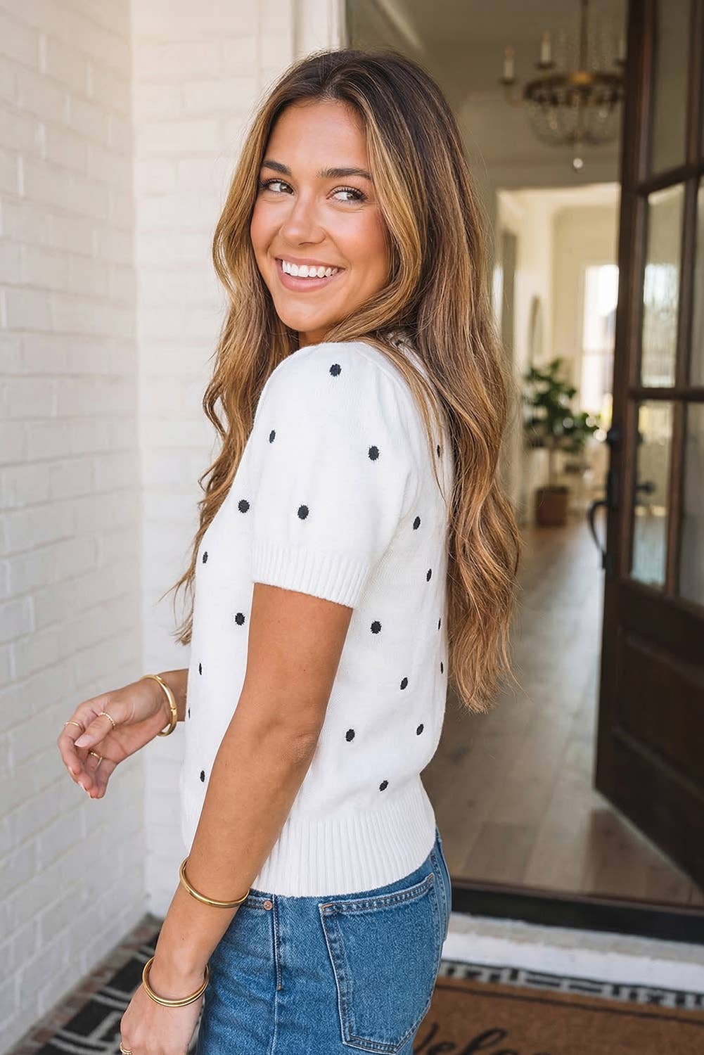 LAS Elegant Polka Dot Bubble Short Sleeve Sweater