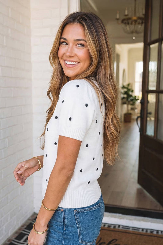 LAS Elegant Polka Dot Bubble Short Sleeve Sweater