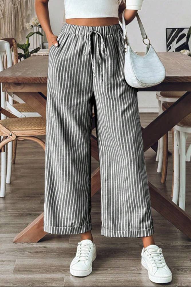 (M) Stripes Wide Leg Cropped Pants ZK2163: Black / M
