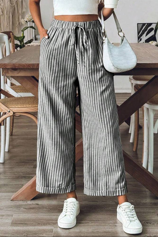 (M) Stripes Wide Leg Cropped Pants ZK2163: Black / M