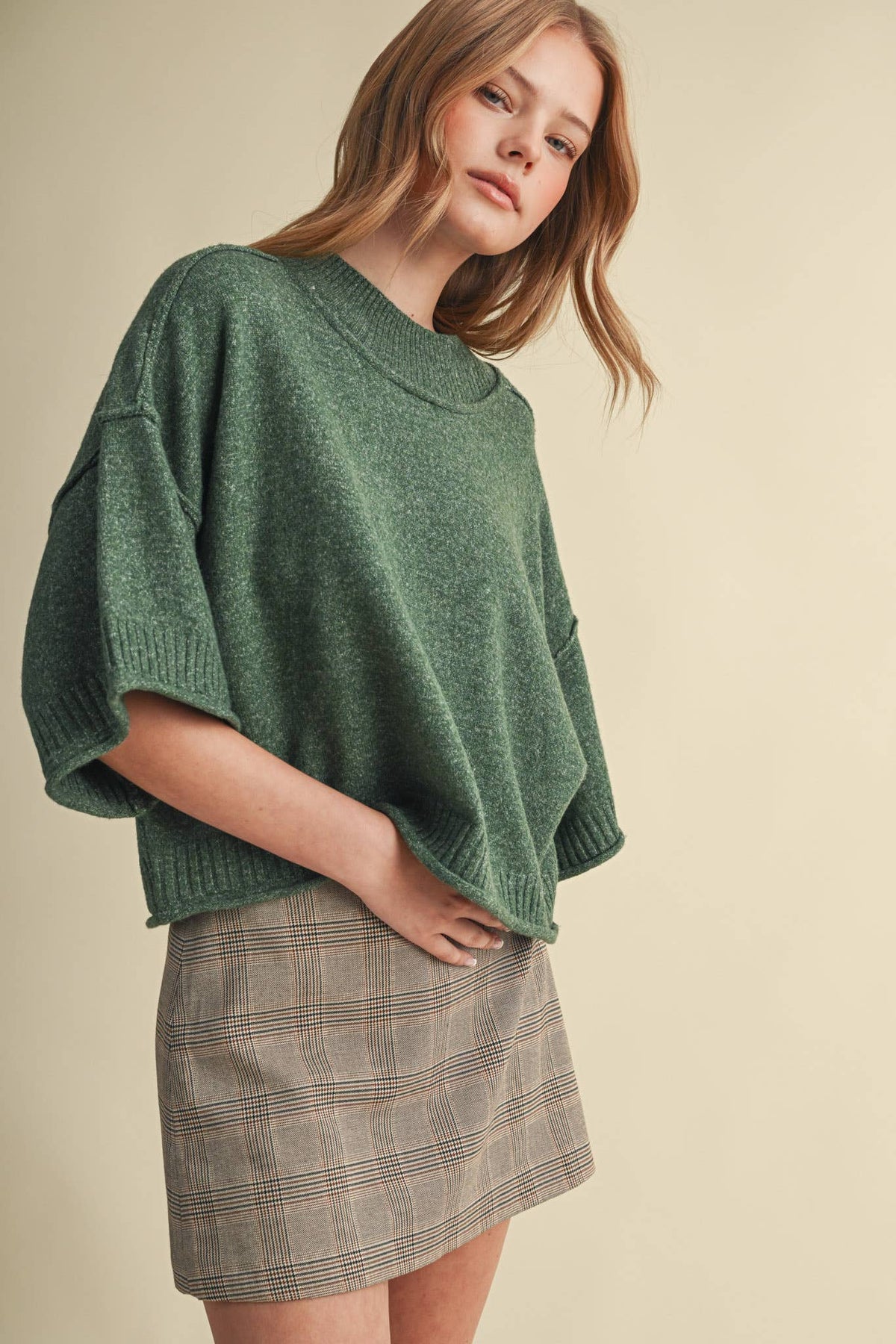 MARLED KNIT MOCK NECK SHORT SLEEVE SWEATER