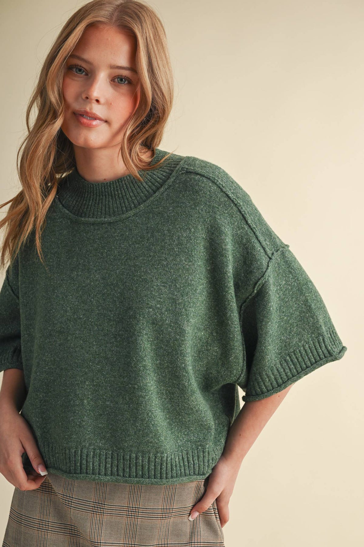 MARLED KNIT MOCK NECK SHORT SLEEVE SWEATER