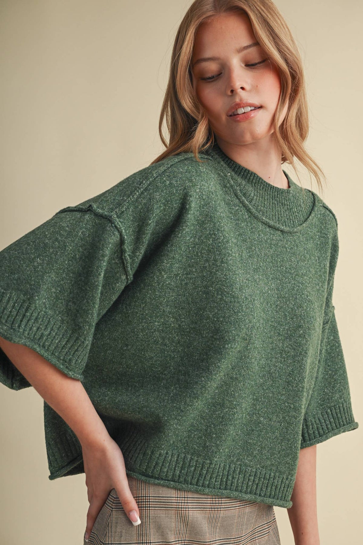 MARLED KNIT MOCK NECK SHORT SLEEVE SWEATER