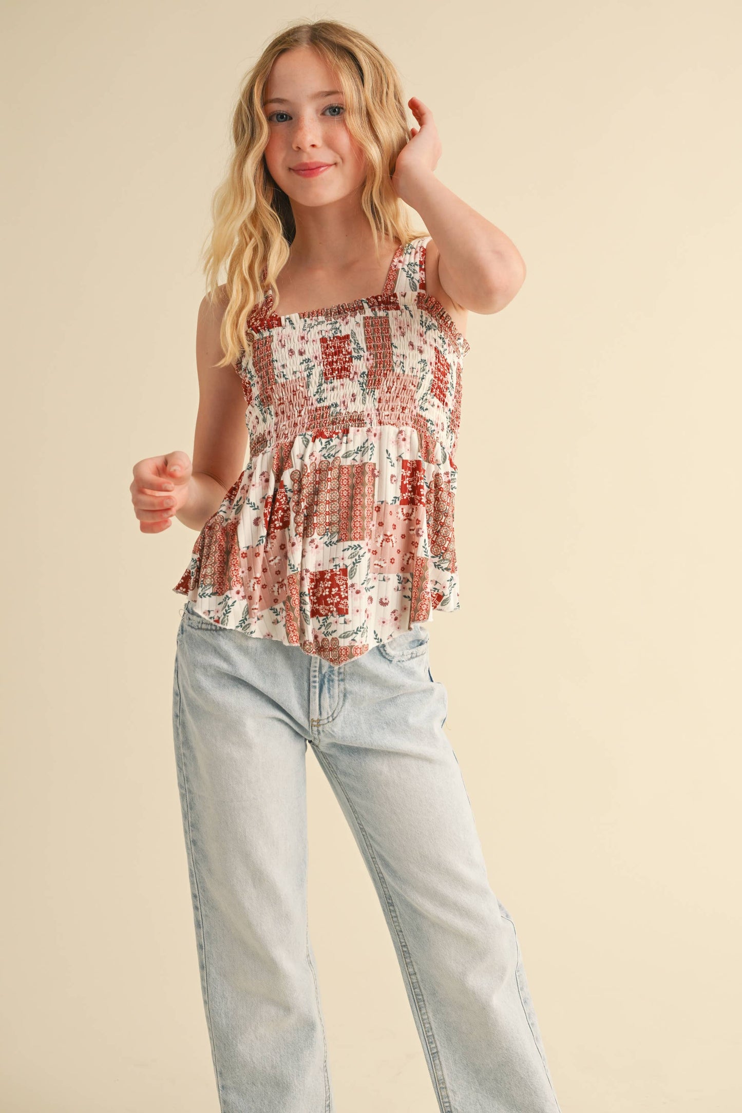 TWEEN GIRLS KIDS WIDE STRAP PEPLUM TANK WITH SMOCKED (XS-XL): L