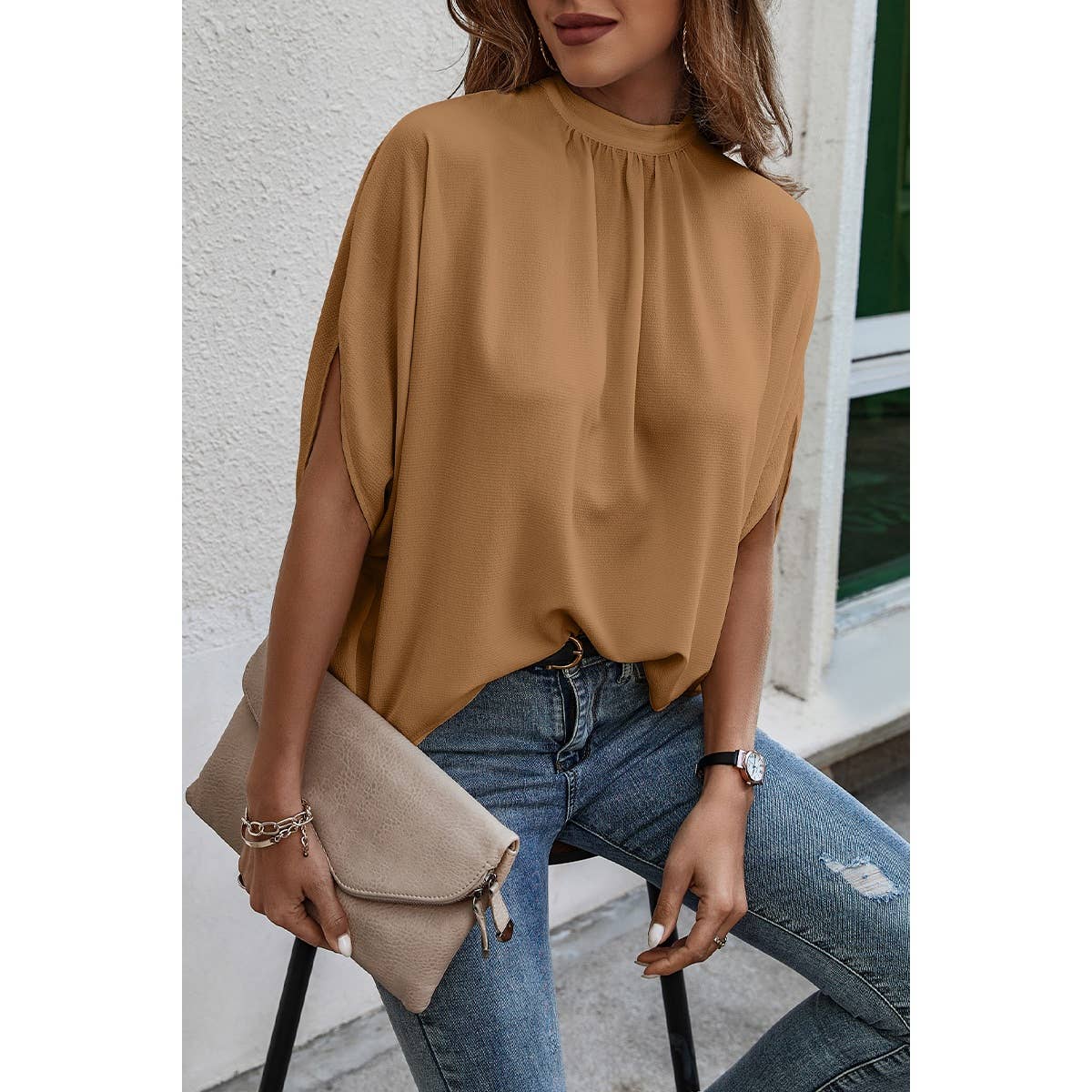 Solid Cape Short Sleeve Loose Top: NAVY / L