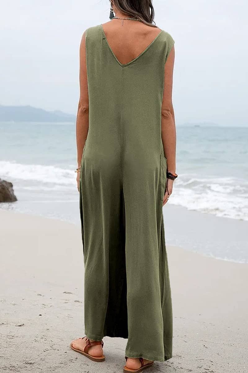 (2XL) CWSJS1433_SOLID COLOR LOOSE POCKET SLEEVELESS JUMPSUIT: BLACK / (2XL) 1