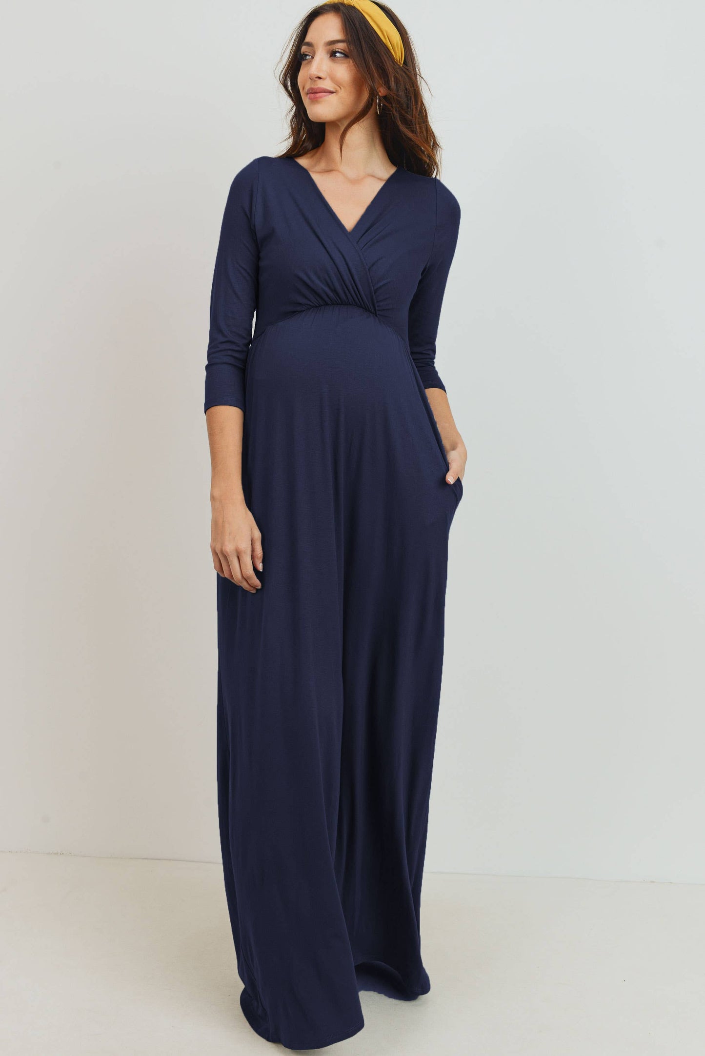 Navy / L: Surplice Quarter Sleeve Nursing Maxi Dress