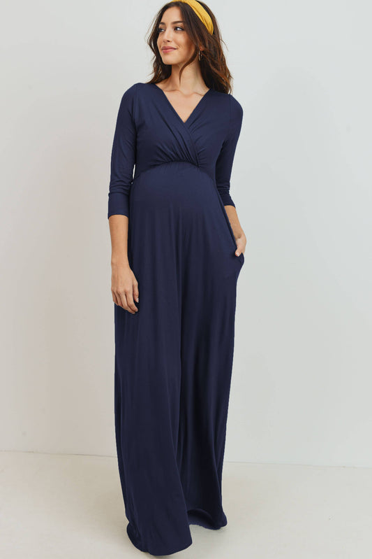 Navy / M: Surplice Quarter Sleeve Nursing Maxi Dress