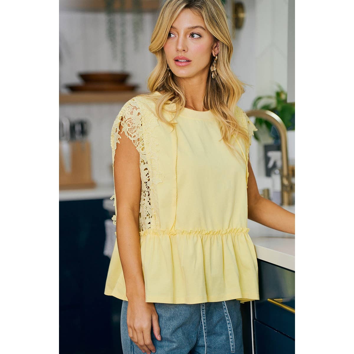 SOLID JERSEY TIERED TOP WITH LACE SLEEVE
