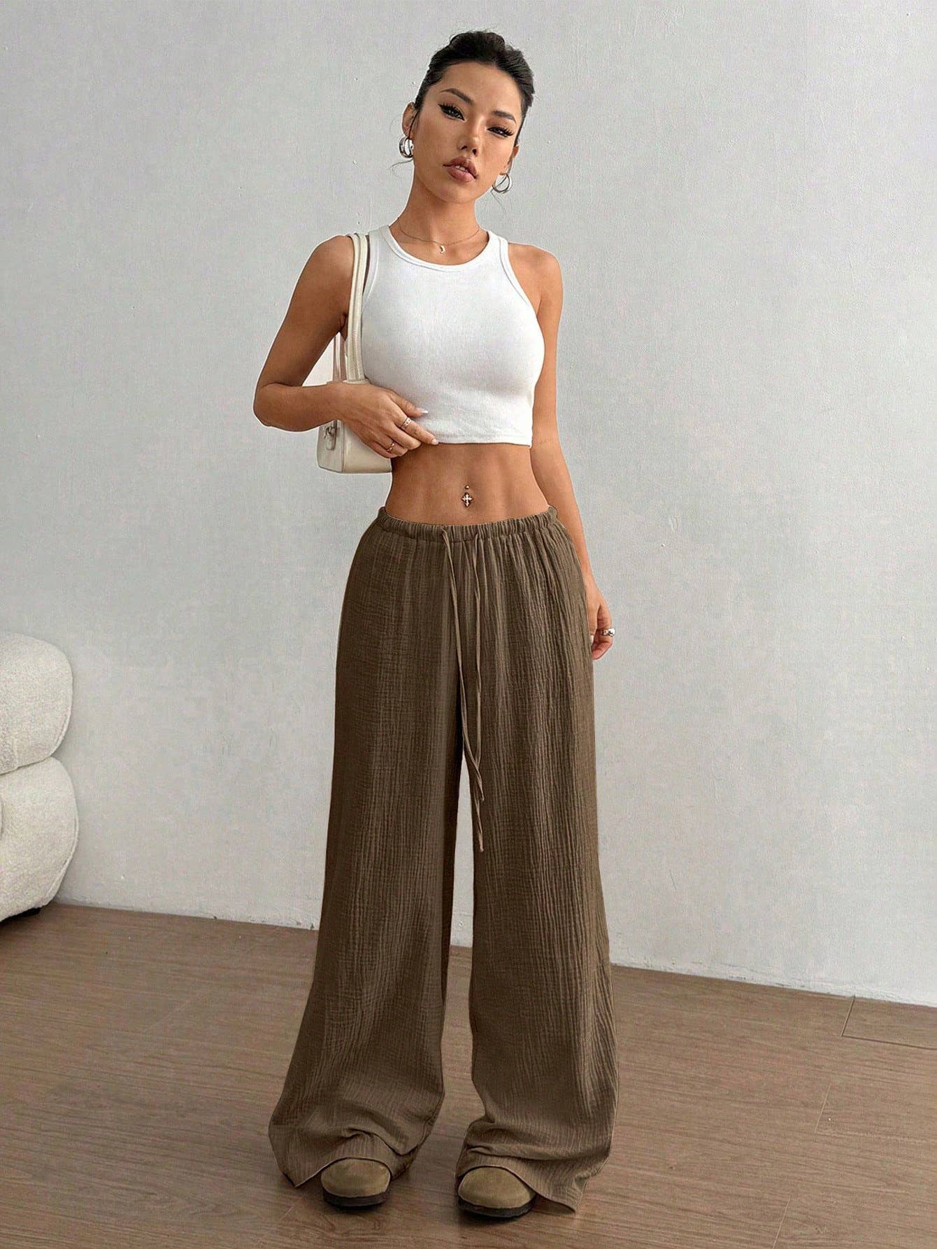 (XL) Pure cotton pure color easy wide-legged pants: WHITE / (XL) 1