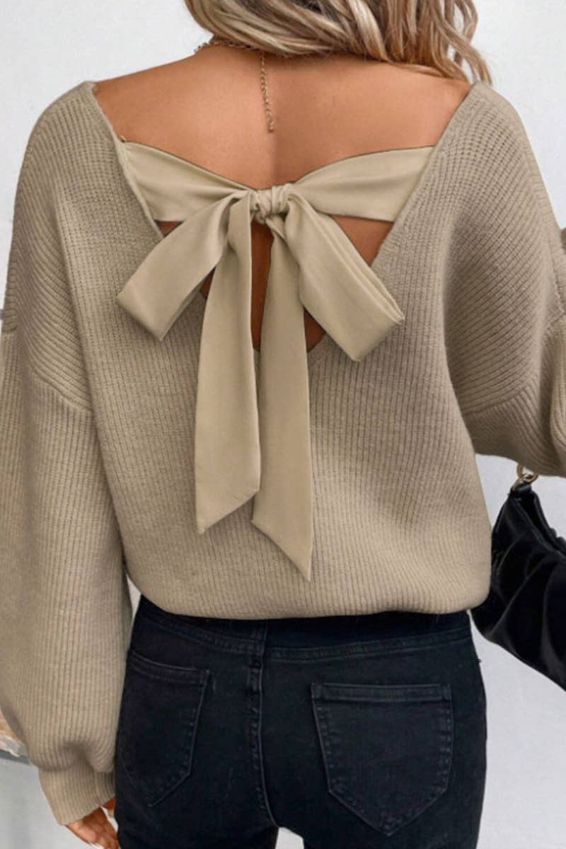 (L) CWOSWL5207_SEXY V-NECK BACK LACE-UP LONG-SLEEVED SWEATER: KHAKI / (L) 1